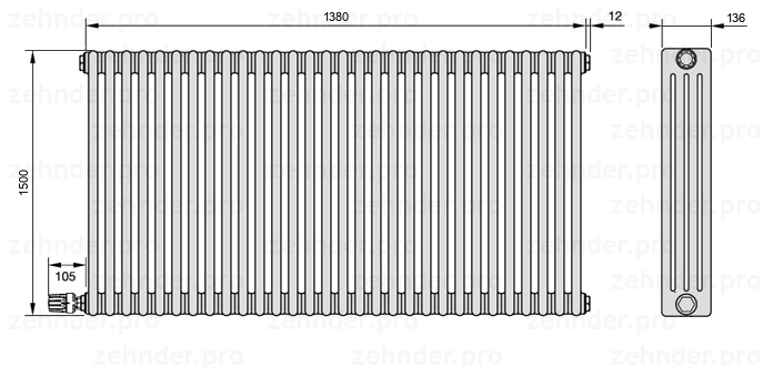 Схема (чертеж) Радиатор Zehnder Charleston 4150/30 №V004 Белый глянцевый RAL 9016